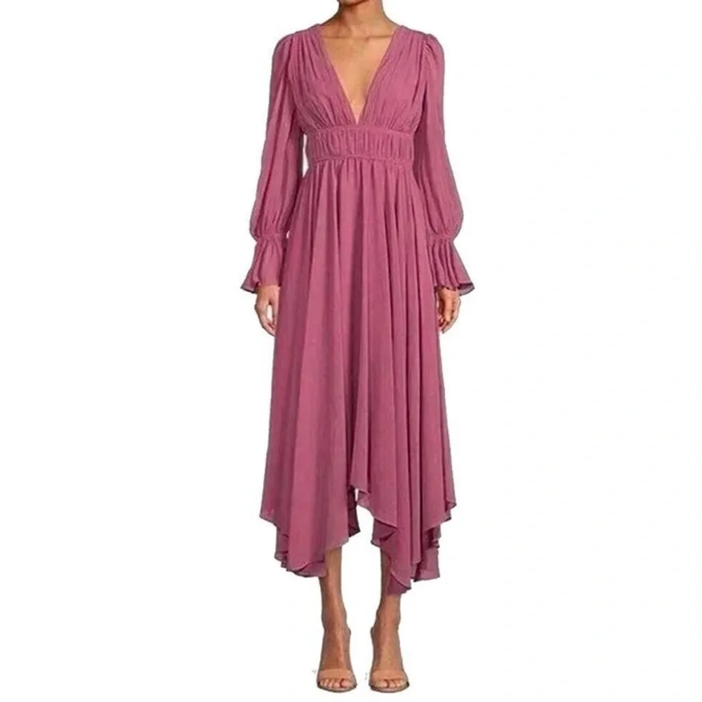 Gianni Bini Mauve Pink Maxi Dress Size 4 NWOT - Deep V Neck Long Sleeve Bohemian